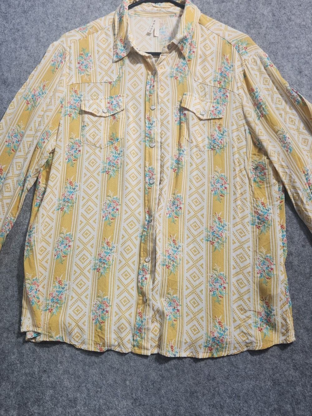 Roper Women's Large Western Pearl Snap Shirt Yellow Floral Southwestern